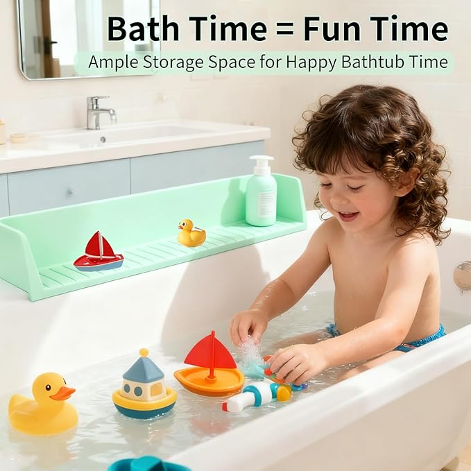 Bathtub Splash Guard for Tub Kids - Silicone Splash Guard with 11 Strong Suction Cups, Toy Tray Caddy Holder for Tub, Prevent Water Spills in Bathroom, Suitable for Kitchen Sinks and Bathtubs (Green)