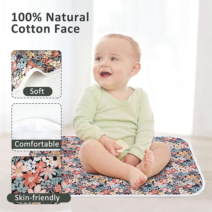 Baby Diaper Changing Pad, 21 5/8" x 31.5" Waterproof Changing Pad Liners - Reusable Soft and Absorbent Portable Changing Mat(Floral3-1PCS)