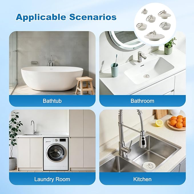 Hibbent 6 Pieces Drain Stopper, Rubber Kitchen Sink Drain, Sink Stopper Drain Plug with Pull Ring for Kitchen, Bathtub, Bathroom and Laundry Sink in 6 Different Sizes, White