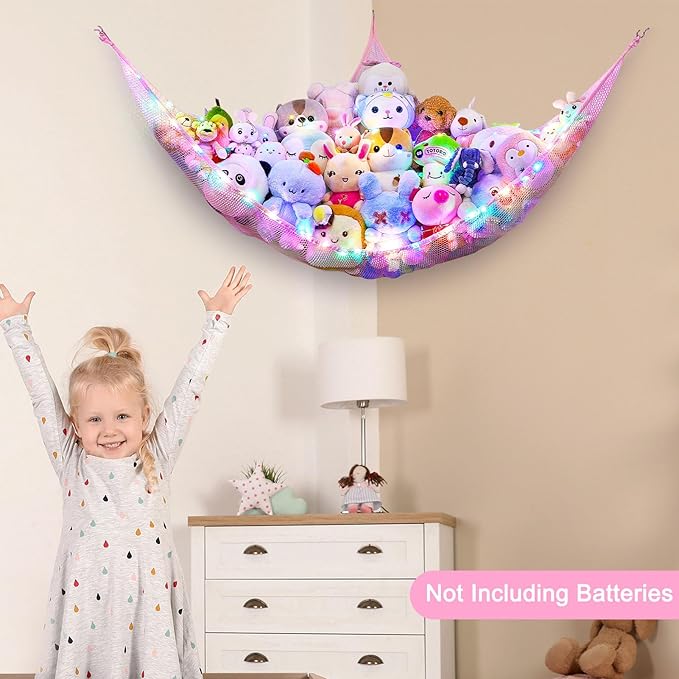 Unicorn Castle Stuffed Animals Net or Hammock Kids Toy Storage Organizer with LED Light Hanging Corner Stuffed Animals Holder Kids Girls Room Decor,Pale-Pink,Large (Pack of 1)