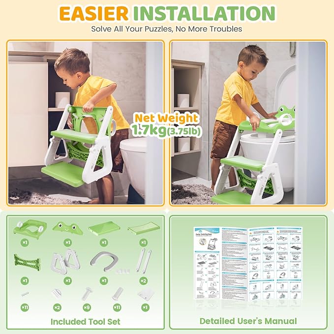 Orzbow Frog Potty Training Seat, Toddler Toilet Seat with Step Stool Ladder, 2-in-1 Potty Training Toilet Essentials for Boys Girls, Adjustable Height, Non-Slip Step and Splash Guard Design, Green