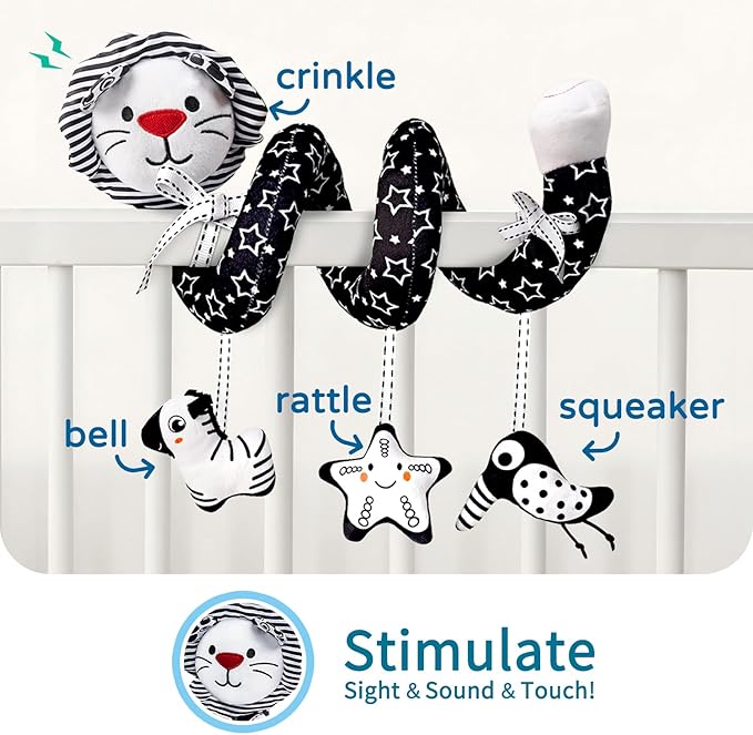 LiKee Spiral Car Seat Toys for Babies 0-6 Months, Black High Contrast Plush Hanging Baby Stroller Toys, Crib & Carseat Sensory Activity for Newborn, Ages 0+ Years 6-12 Month Infants Boy Girl Gifts