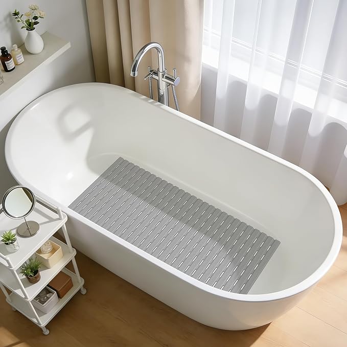 OTHWAY Anti Slip Shower Mat, 36.6" x 16.9" Soft Shower Mats for Inside Shower, Non Slip Shower Bath Mat for Tub with Suction Cups, Machine Washable Shower Floor Mat with Drainage Holes, Light Grey