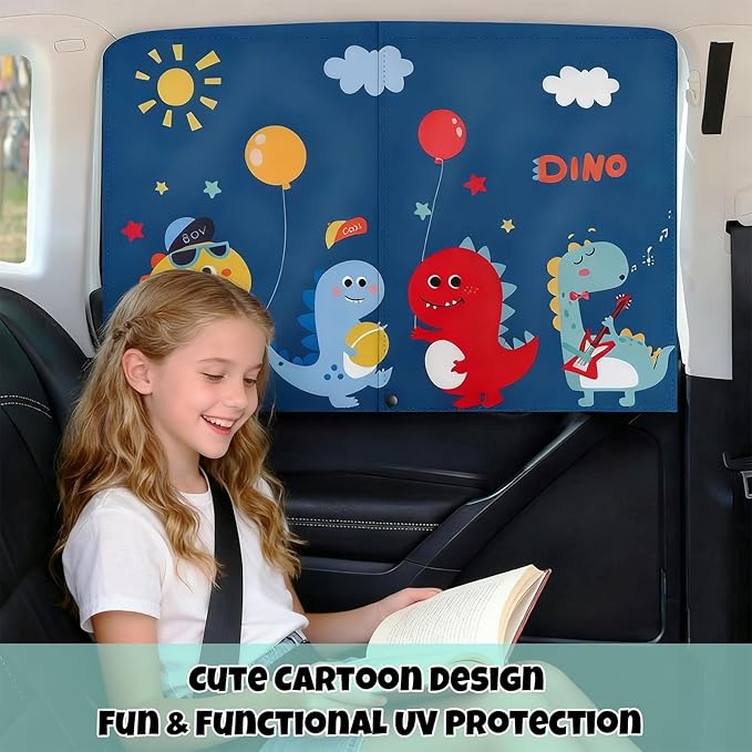 Car Window Shade for Baby, 2 Pack Magnetic Double Layer Cute Dinosaurs Car Sun Shade Side Window, Adjustable Privacy Blackout/See-Through Window Curtains for Baby Kids UV Protection