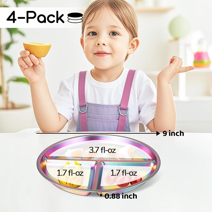 Bakpoco 9" Stainless Steel Toddler Plates Set of 4, Divided Plate for Kids & Baby, Non Toxic Unbreakable Dishes Dinnerware Adults Portion Control Snack Container, Colorful Meal Time Chums