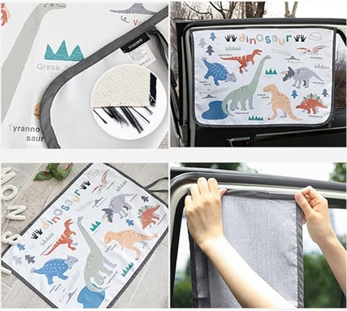 BEBEDECO Magnetic Car Sun Shade Curtain for Side Window – Sun Blocker and UV Protector for Baby, Kids, and Pets – Universal Fit with Built-in Magnets for Steel-Framed Door (Dinosaur)