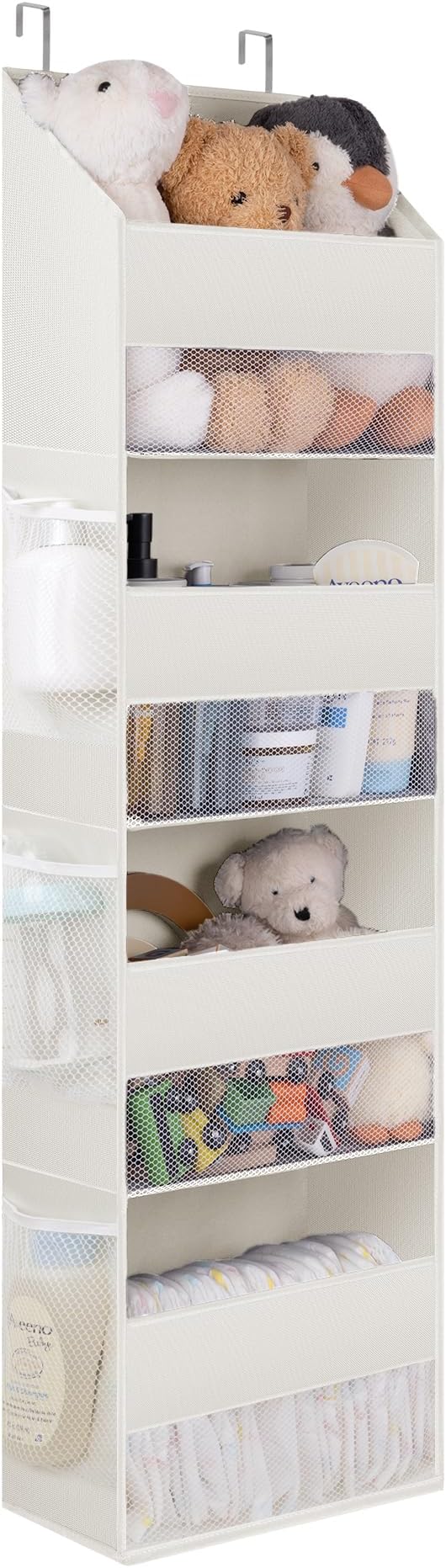 GRANNY SAYS Over The Door Organizer, 4-Shelf Behind The Door Storage with 6 Pockets and Clear Window, Waterproof Anti Tilt 35lb Large Capacity Hanging Organizer for Baby Diapers, Toys, Beige