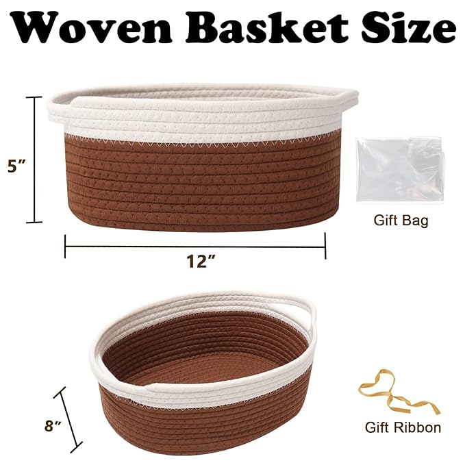 Small Woven Rope Basket-Empty Gifts Basket with Bag and Ribbons,Cute Handle Organizer Box for Birthday/Baby Shower, Toy Storage, Nursery Organizing & Shelf Decor(White&Brown)