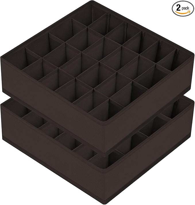 Joyoldelf Sock Organizer Drawer Organizer - 2 Packs Underwear Organizer, 24 Cells Collapsible Closet Organizers and Storage Sock Holders Organizers for Storing Socks, Ties, Belts (Brown), LF001Brown