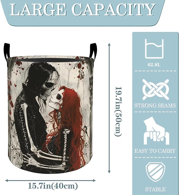 VODRM Gothic Skeleton Lovers Rose Laundry Basket, Dirty Collapsible Clothes Toy Organizer Hamper for Kids Adults, Oxford Cloth Waterproof Storage Bin for Bathroom Halloween Decor Gifts, 19.7"X15.7"