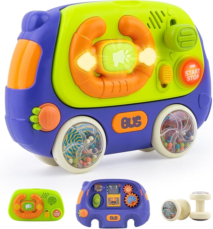 Baby Music Toys with Driving Sounds & 14 Nursery Rhymes, Light Up Montessori Sensory Toys Travel Essential Infant Birthday Gifts for 6 7 8 9 10 12 18 Month 1 Year Old Boys Girls