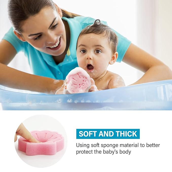 DANCELF Baby Bath Sponge, Natural Cute Shapes Soft Shower Sponges for Bathing, Bathtub Foam for Infants and Toddler, 3pcs : Blue Dolphin, Pink Shell, Green Turtle