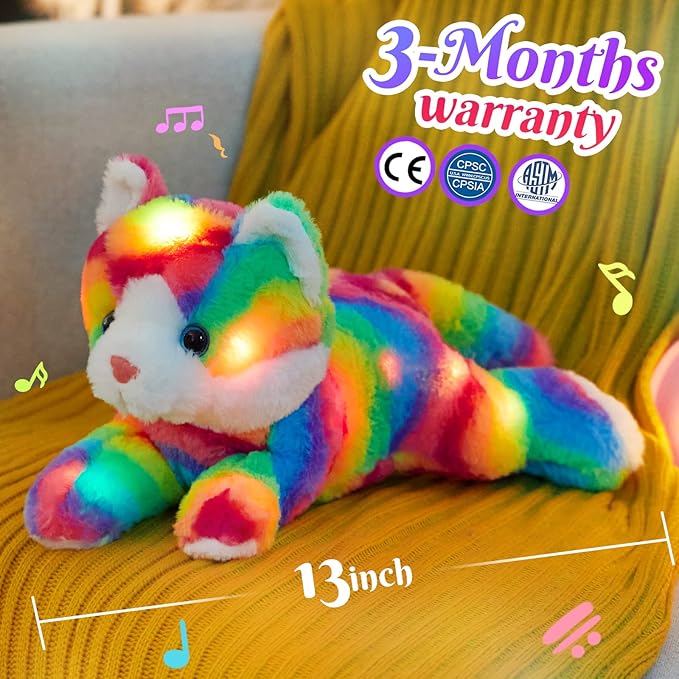 Glow Guards 13" Light up Musical Rainbow Cat Stuffed Animal,LED Night Light Glowing Singing Snuggle Kitty Plush Toy Glow in The Dark,Christmas Birthday Gifts for Toddlers Kids Children