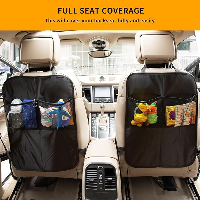 Zecirl 2 Pack Kick Mat Backseat Protector,Back Seat Cover for Kids,Car Seat Back Protectors with 2 Pocket Storage Organizer for Car, SUV, Minivan or Truck Seats (Black)