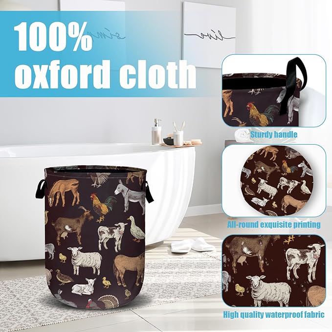 Cute Farm Animals Laundry Basket, Laundry Hamper Collapsible Oxford Cloth with Handle Clothes Toy Storage Bin for Bathroom Laundry Room Bedroom 15.7 X 20 Inch