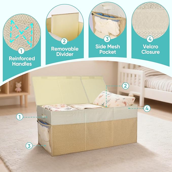 BALEINE Fabric Storage Bins with Lid, Collapsible Extra Large Storage Boxes Bins Baskets with Divider for Home Organizing (37.5"x13"x16", Pink&Beige)
