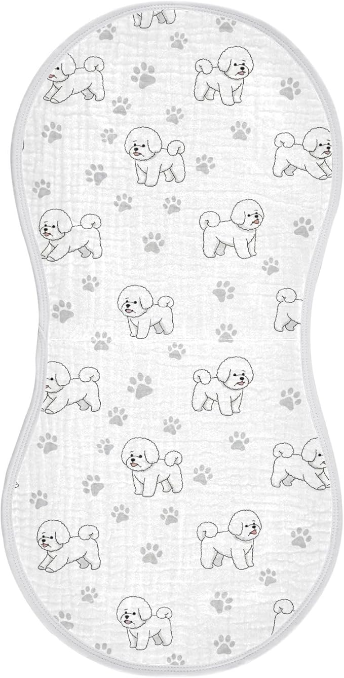 Qinllo 1 Pack Muslin Burp Cloths Cute Bichon Dog White Cotton Baby Burp Cloths Soft Burping Cloth Absorbent Spit Up Rags for Newborn Must Haves 22x11 Inch