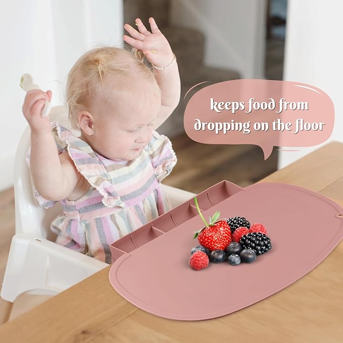 Silicone Placemat with Food Catching Pockets for Baby & Kid, Food Grade Silicone Non-Slip Toddler Food Place Mats with Raised Edges for Dining Table (Blush)