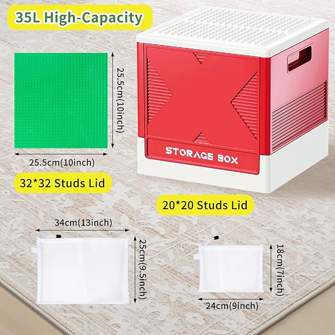 Folding 2-in-1 Storage Box with Large Building Lid for Blocks, Toys Collapsible Storage Bin, Multifunctional Organizer Box for Organizing Brick, Bead, Tool, Sewing and Toys(Red)