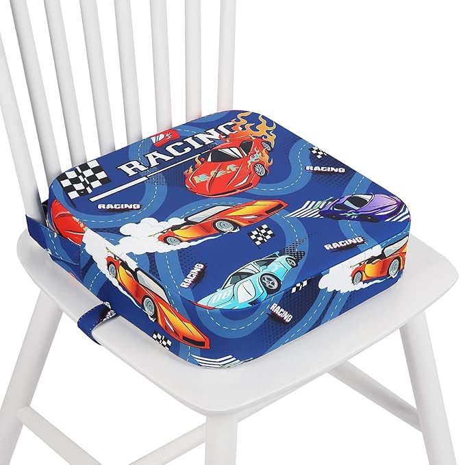 Toddler Booster Seat for Dining Table, 4" Kids Booster Seat for Kitchen Chair with Non-Slip Bottom, Portable Detachable Washable Increasing Cushion with 2 Adjustable Straps (Racing car)
