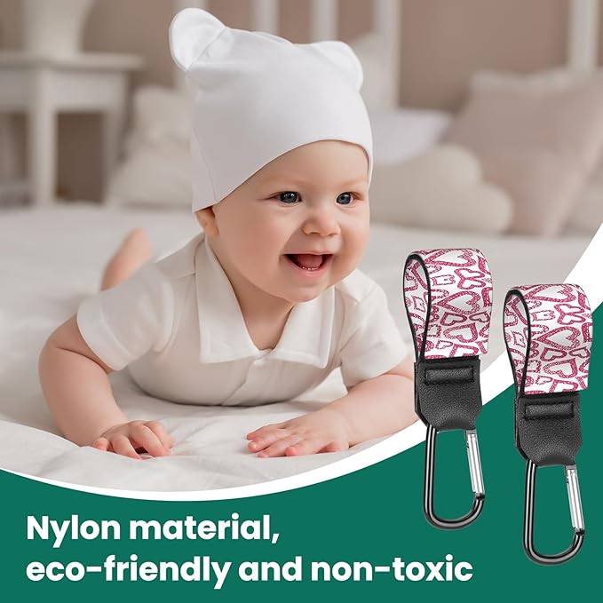 Stroller Straps, Mommy Hooks Diaper Bags, Universal Shopping cart, Wallet, Backpack - 2 Packs (Love)