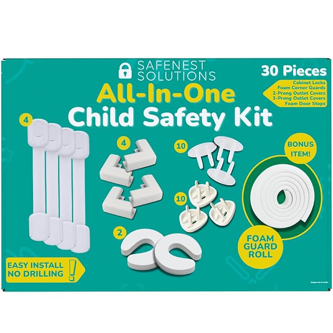 SafeNest All-in-One 30pc Child Safety Kit, Ultimate Bundle, No Drilling Easy Install, Home Baby Proofing Essentials, Corner Guards, Outlet Covers, Cabinet Locks, Door Stops