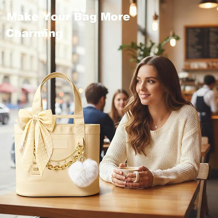 CuddleJunk Bag Charms for Tote Bags, Satin Bow Keychain Kit Accessories for Yeti Camino, Fluffy Ball Gold Chains Charms for Women Purse Beach Handbag