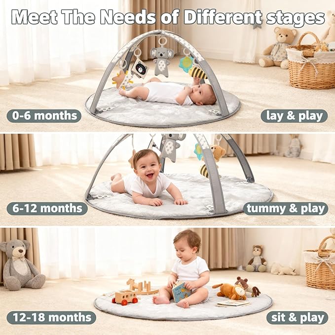 LADIDA Baby Play Gym, Activity Mat, 3 Stage Play Mat Padded Tummy Time Mat with STEM Based Toys for Sensory and Motor Skill Development, Newborn to Toddler