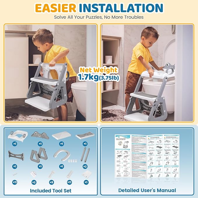 Orzbow Frog Potty Training Seat, Toddler Toilet Seat with Step Stool Ladder, 2-in-1 Potty Training Toilet Essentials for Boys Girls, Adjustable Height, Non-Slip Step and Splash Guard Design, Grey