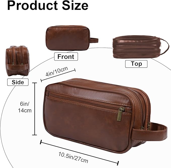Mens travel toiletry bag, Gift For Men，PU Leather Water Resistant Cosmetic Bag Pouch Dopp Kit Shaving Bag with Large Capacity for Toiletries Accessories(Brown)