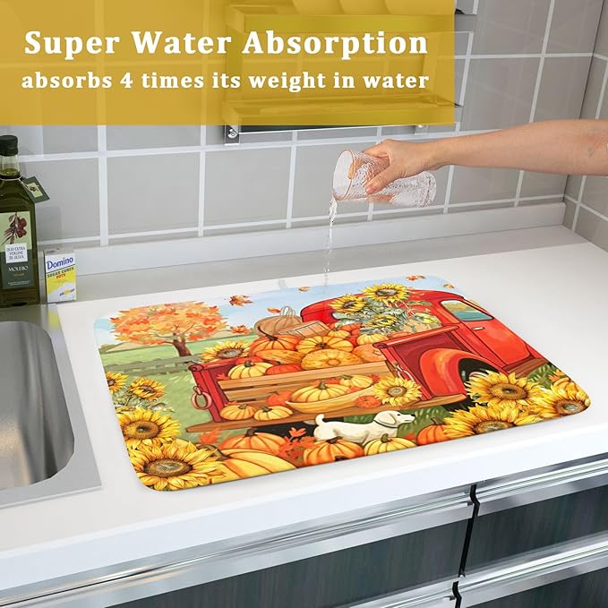 Autumn Pumpkin Red Truck Dish Drying Mat for Kitchen Counter,Fall Leaves Sunflower Cue Dog Harvest Drying Mat 18 x 24 Inch Microfiber Dish Drying Pad Dish Rack Drainer Mat for Coffee Bar