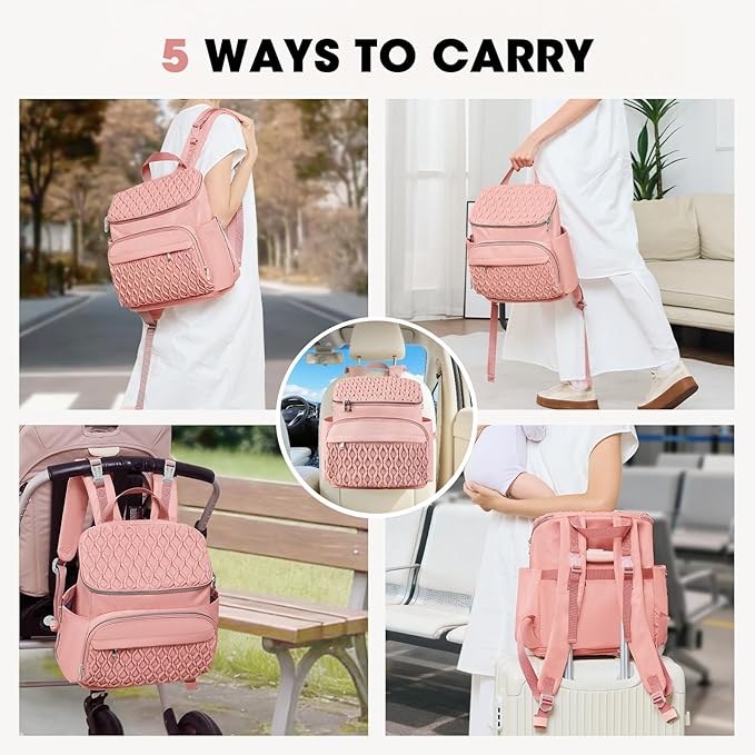 Diaper Bag Backpack, Large Baby Bag for Girl Boy, Travel Diaper Backpack with Insulated Pocket, Cute Diaper Bag Stroller Straps, Baby Shower & Registry Gift for Mom Dad Pink