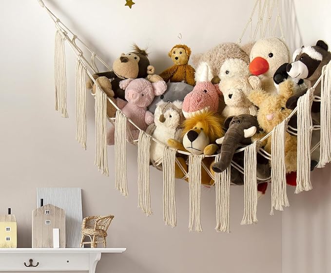 Stuffed Animal Hammock Corner Storage with LED Light - Plush Hammock Large Plushie Net - Stuffed Animal Holder Hanging Organizer - Teddy Bear Hammocks Room Decorations