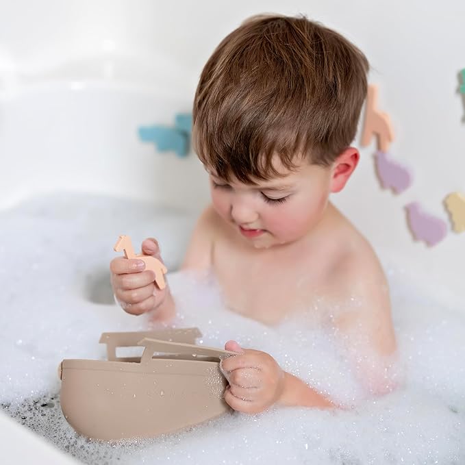 Noah's Ark Suction Toys - 1 Ark, 14 Animals (7 Pairs) - Toddler Bath Toys, Baptism Gifts for Boys, Mold Free No Hole Silicone