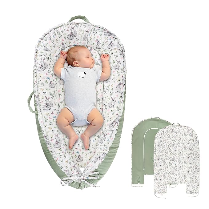 Jundetye Baby Lounger Cover for Boys Girls, Reversible Baby Nest Cover, Adjustable Baby Lounger Replaceable Cover for Infant Newborn, Portable and Machine Washable, Cotton Green Rabbit Cover