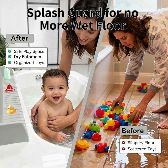 Bathtub Splash Guard for Tub Kids - 31IN Silicone Splash Guard with 11 Strong Suction Cups, Toy Tray Caddy Holder for Tub, Prevent Water Spills in Bathroom, Suitable for Kitchen Sinks and Bathtubs