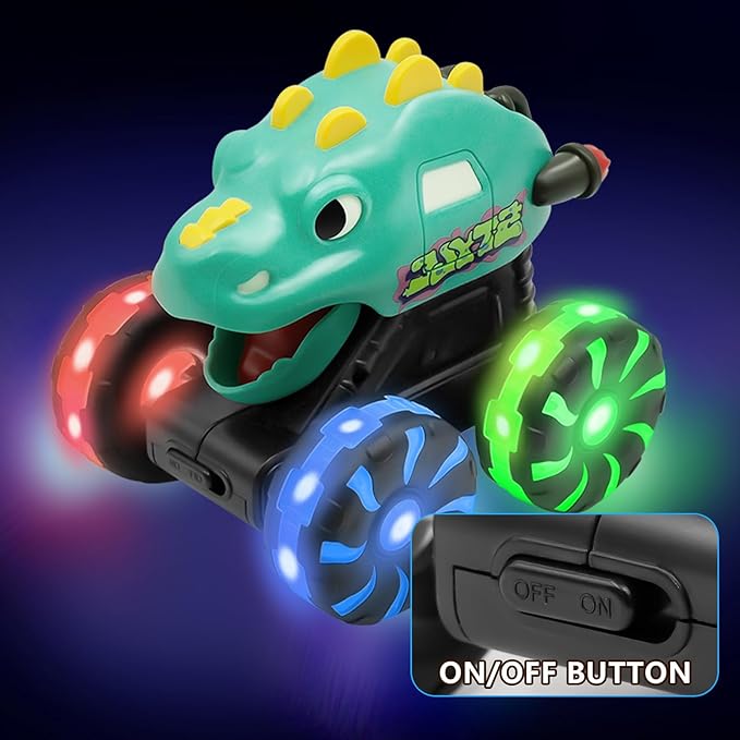 Intoypad Green Dino Monster Truck – LED Light-Up Press and Go Toy Car for Toddlers Age 2 3 4 5 – Dinosaur Truck with Flashing Wheels and Chomping Mouth for Boys and Girls