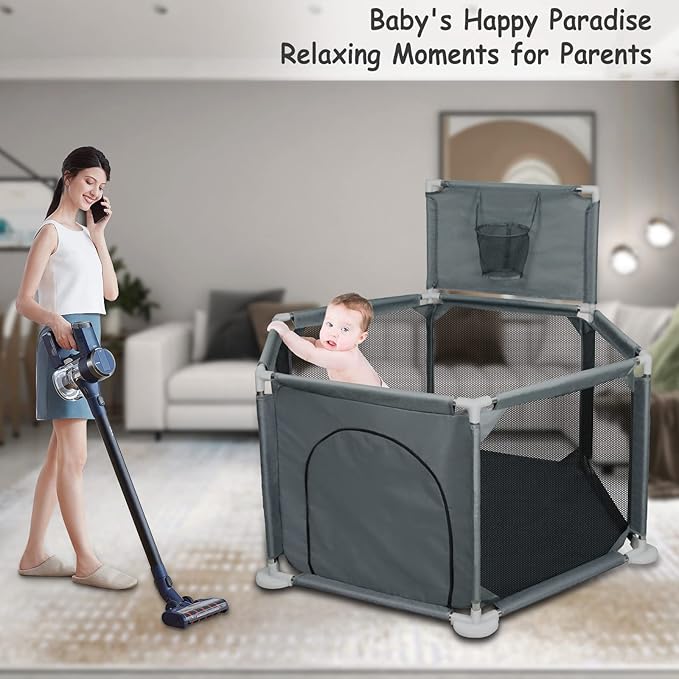 Baby Playpen, 50x50 Inch Playpen for Babies and Toddlers, Small Baby Play Yard, Indoor Outdoor Safety Activity Center Play Pen with Breathable Mesh and Basketball Hoop, Grey