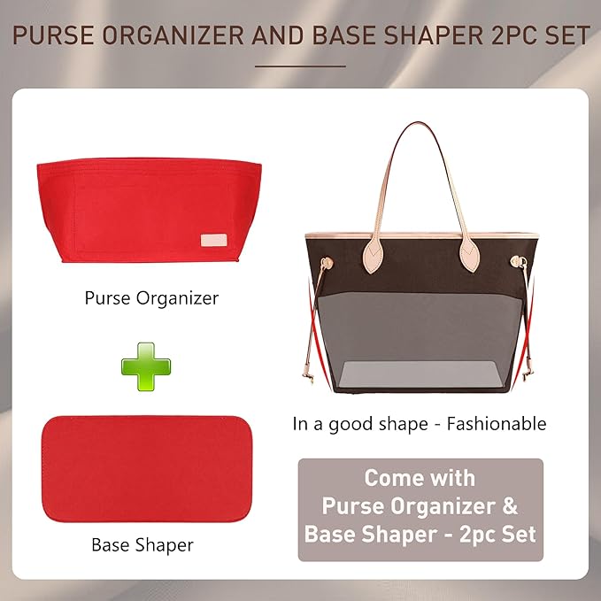 Doxo Purse Organizer Insert, Felt Bag Insert Tote Fit L Speedy 35, Neverfull PM & Base Shaper 2pc Set(Medium-Red-Combination)