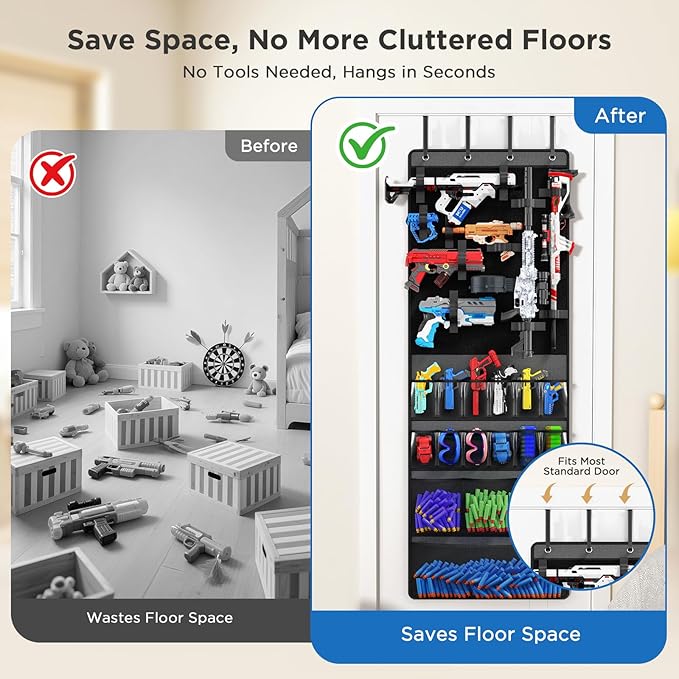 Mefirt Over The Door Organizer for Toy Guns, Toys Storage Door Hanger with Pockets and Slots for Kids Foam Blasters, Darts, Goggles, Over Door Toys Storage Organizer, for Kids Rooms, Game Rooms, Gray