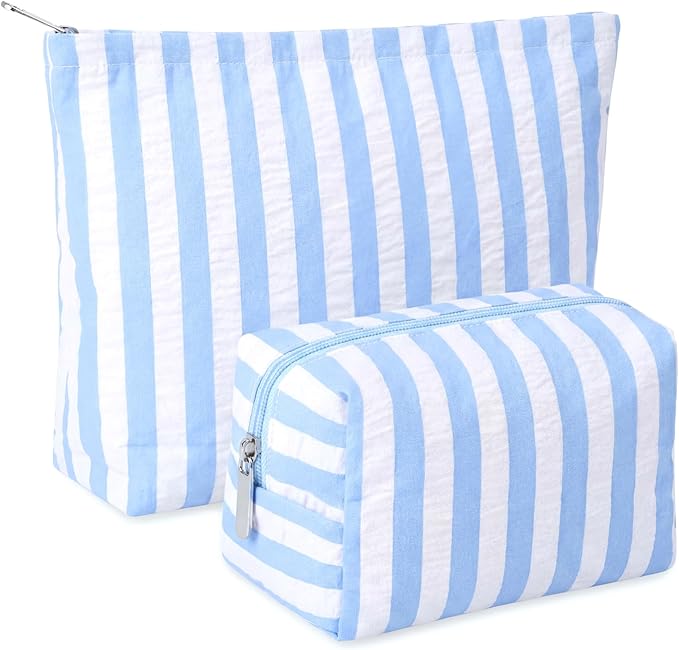 2 Pcs Makeup Bag Set Cute Cosmetic Pouch for Women Seersucker Travel Toiletry Bag Preppy Small Makeup Purse Pouch Aesthetic Skincare Brushes Storage Organizer for Valentine Women(Blue Wide)
