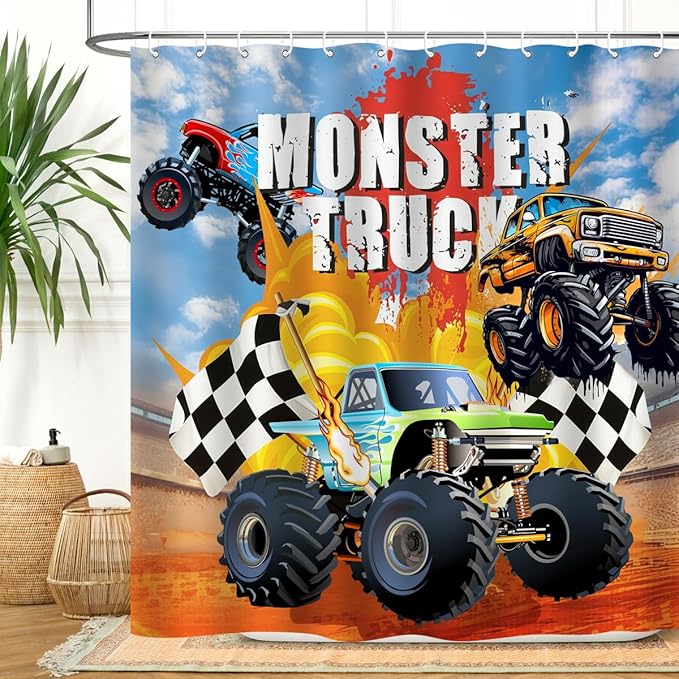 Monster Truck Shower Curtain Cool Cartoon Racing Car Boy Home Bathroom Decor Waterproof Fabric 72Lx72W Inch with Plastic 12PCS Hooks