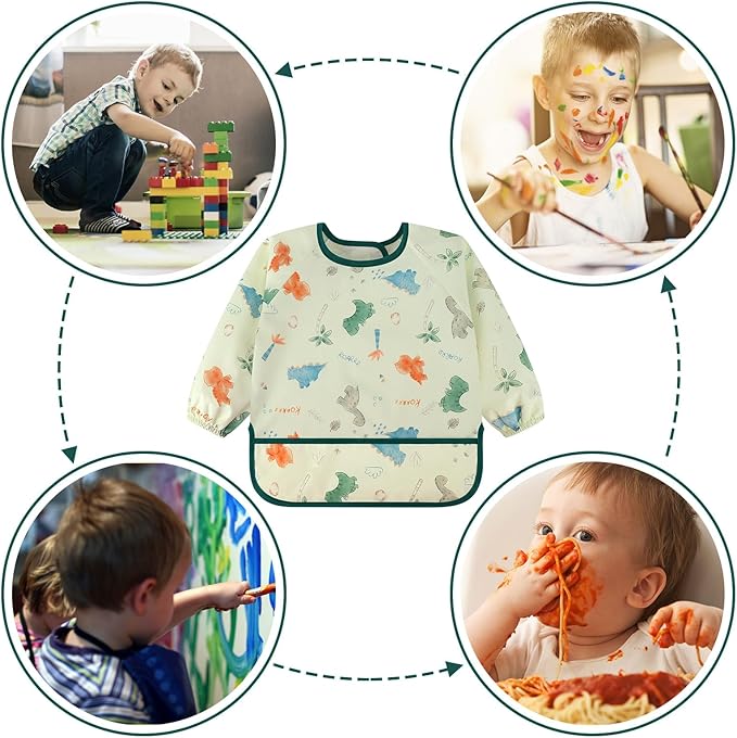 Accmor 4 Pack Long Sleeve Bibs, Baby Smock Waterproof Sleeved Bib Smock for Baby Toddler 6-36 Months