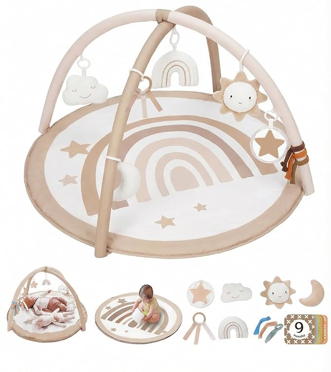 Little Dove Baby Play Gym Mat, Tummy Time Activity Mat with 7 Detachable Toys and 12 Milestone Cards for Stage-Based Sensory and Motor Skill Development, Washable Play Mats for Infant, Brown