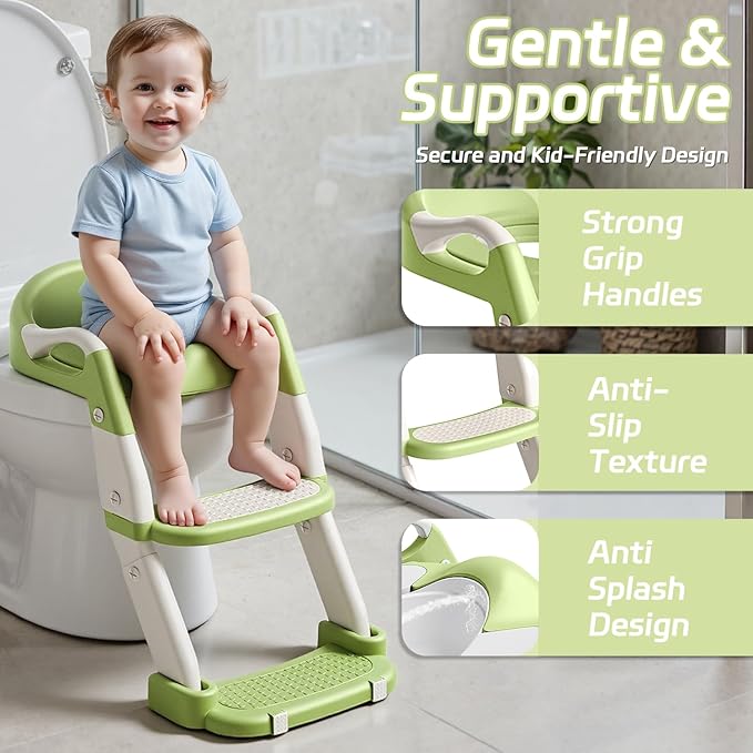 Snugzy Toddler Potty Training Seat 3-in-1 Foldable Potty Training Toilet with Step Stool Adjustable Potty Chair with Urinals (Green)