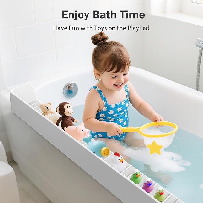 Bathtub Splash Guard PlayPad Shelf Area with Strong Suction Cups, Toy Tray Caddy Holder Storage Over Tub, Bathtub Ledge Guard, No Mess Water, Splash Protection Water Barrier for Bathroom-White