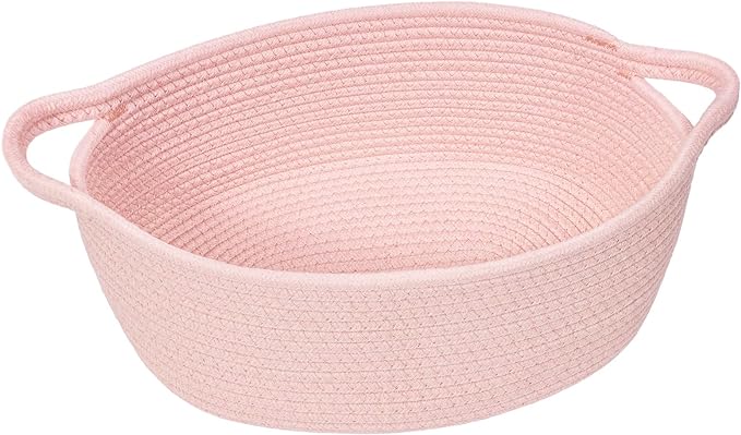 Goodpick Small Woven Basket for Gifting, Small Storage bins for Toys, Baby Gift Baskets for Nursery, Pink Rope Basket for Gifts, Decorative Baskets with Handles, 12" x 8" x 5"