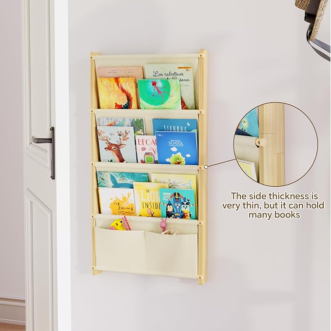 Wood 4-Tier Wall Mounted Kids Bookshelf – Floating Book Shelf For Kids Rooms,Nursery & Classroom, Hanging Bookcase Organizer For Books, Toddler Book Shelf, Montessori Bookshelf, Nursery Shelves