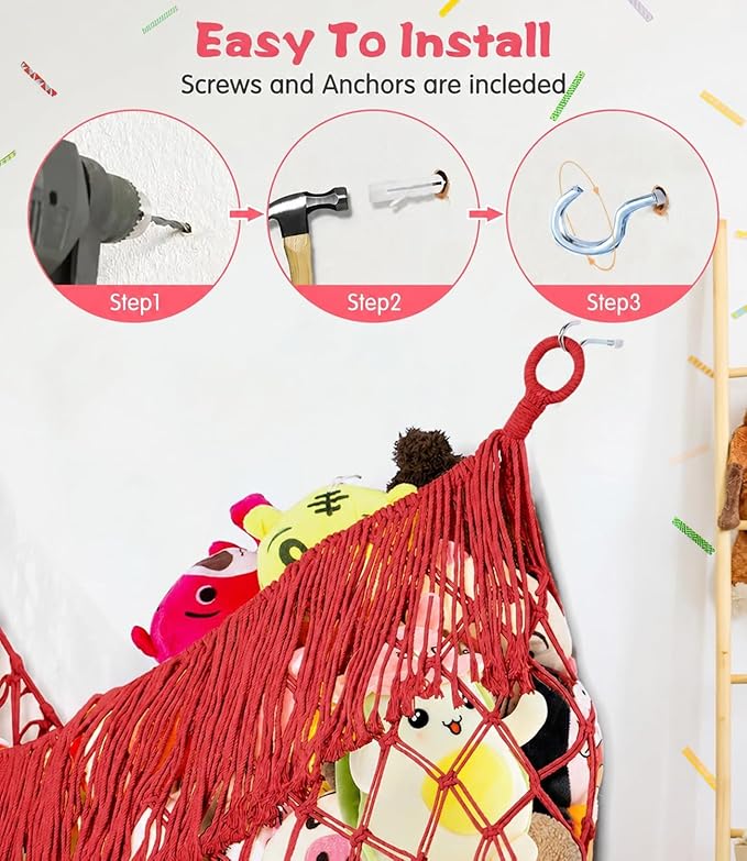 Stuffed Animal Hammock - Extra Large 63'' Long, Stuffed Animal Storage, stuffed animal Holder net, Hammock Large, Storage Hanging Organizer - Red