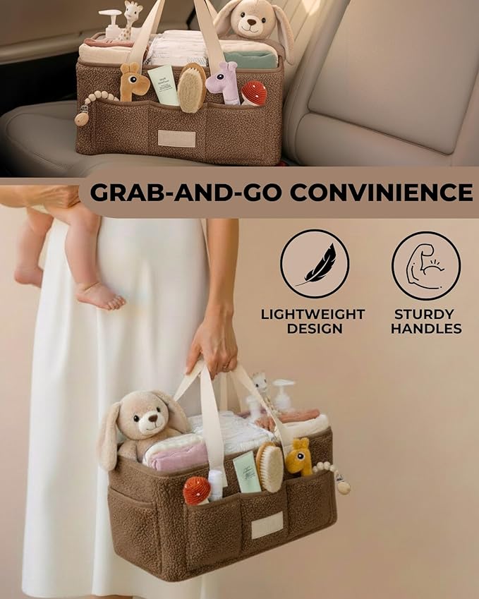 Toodly Baby Diaper Caddy Organizer with Portable Changing Mat - Teddy Fleece Diaper Organizer for Changing Table - Basket for Changing Essentials - Baby Essentials Organizer with Removable Dividers